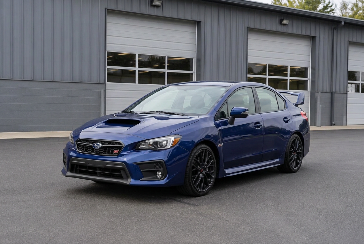Blue Subaru WRX STI with black wheels outside an automotive workshop