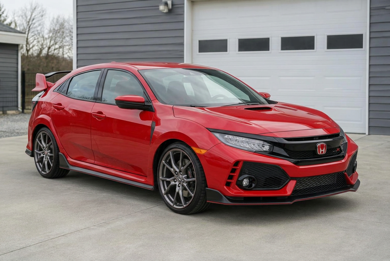 Red Honda Civic Type R parked outside a gray automotive garage